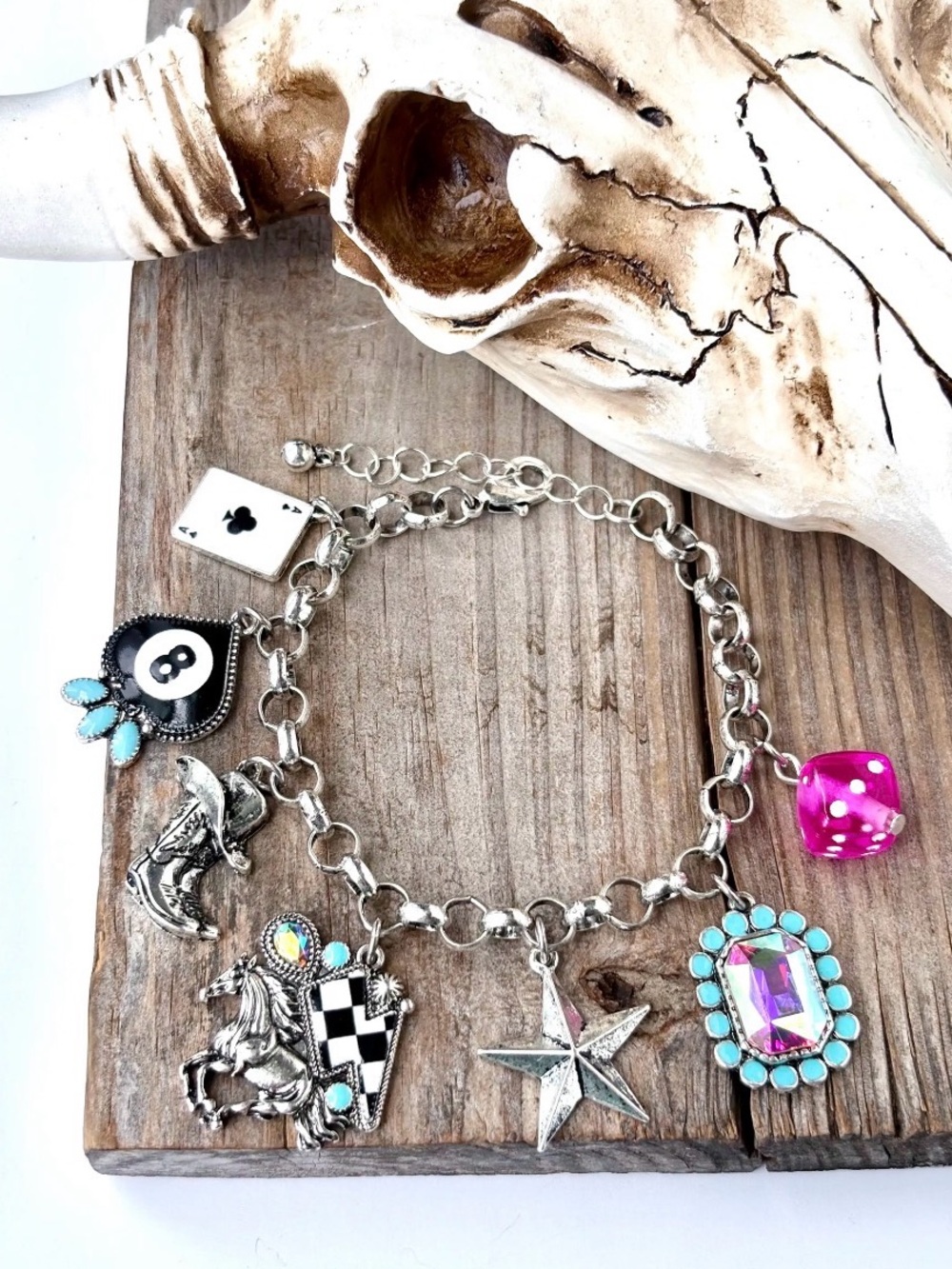 Silver charm horse western turquoise boho stone Crystal rhinestone bracelet